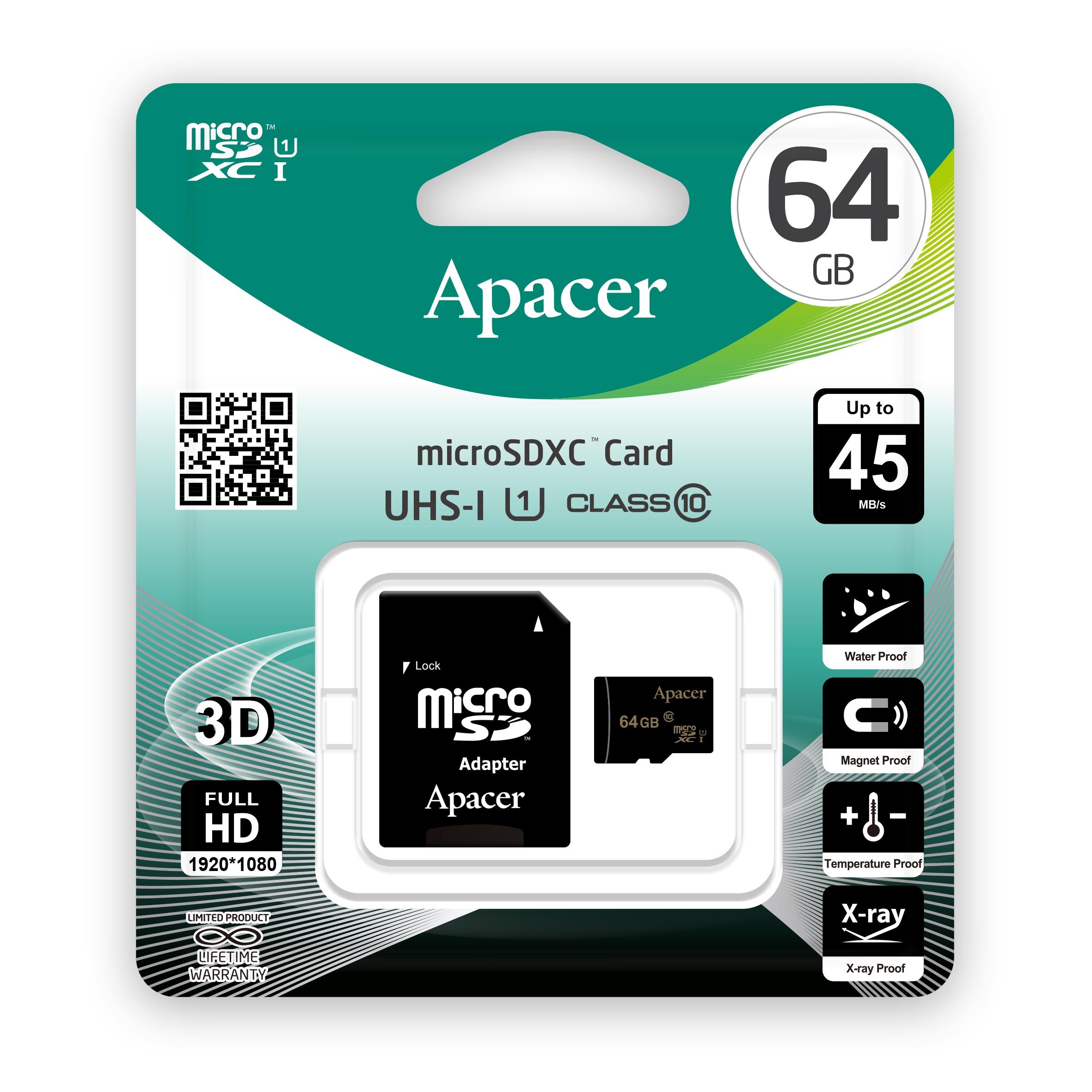 Карта пам’яті APACER Micro SD 64 GB Class 10 з SD адаптером (56315592)