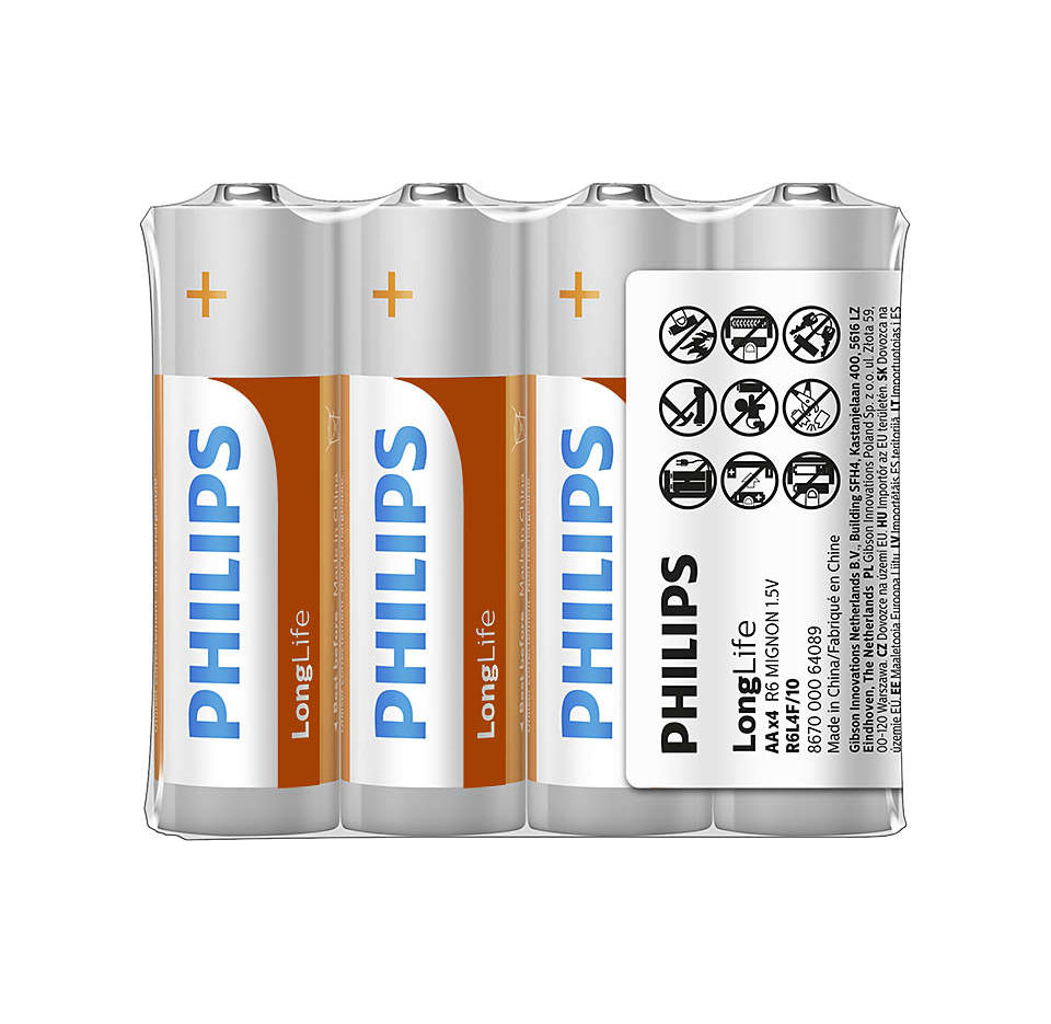 Батарейка Philips R6 AA longlife shrink 4 (5826198)